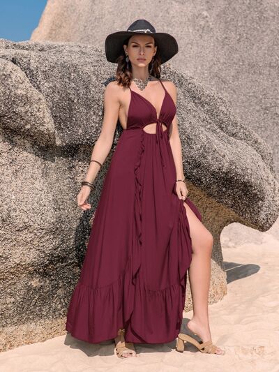 Crisscross Back Drawstring Ruffle Trim Maxi Dress - TRENDMELO