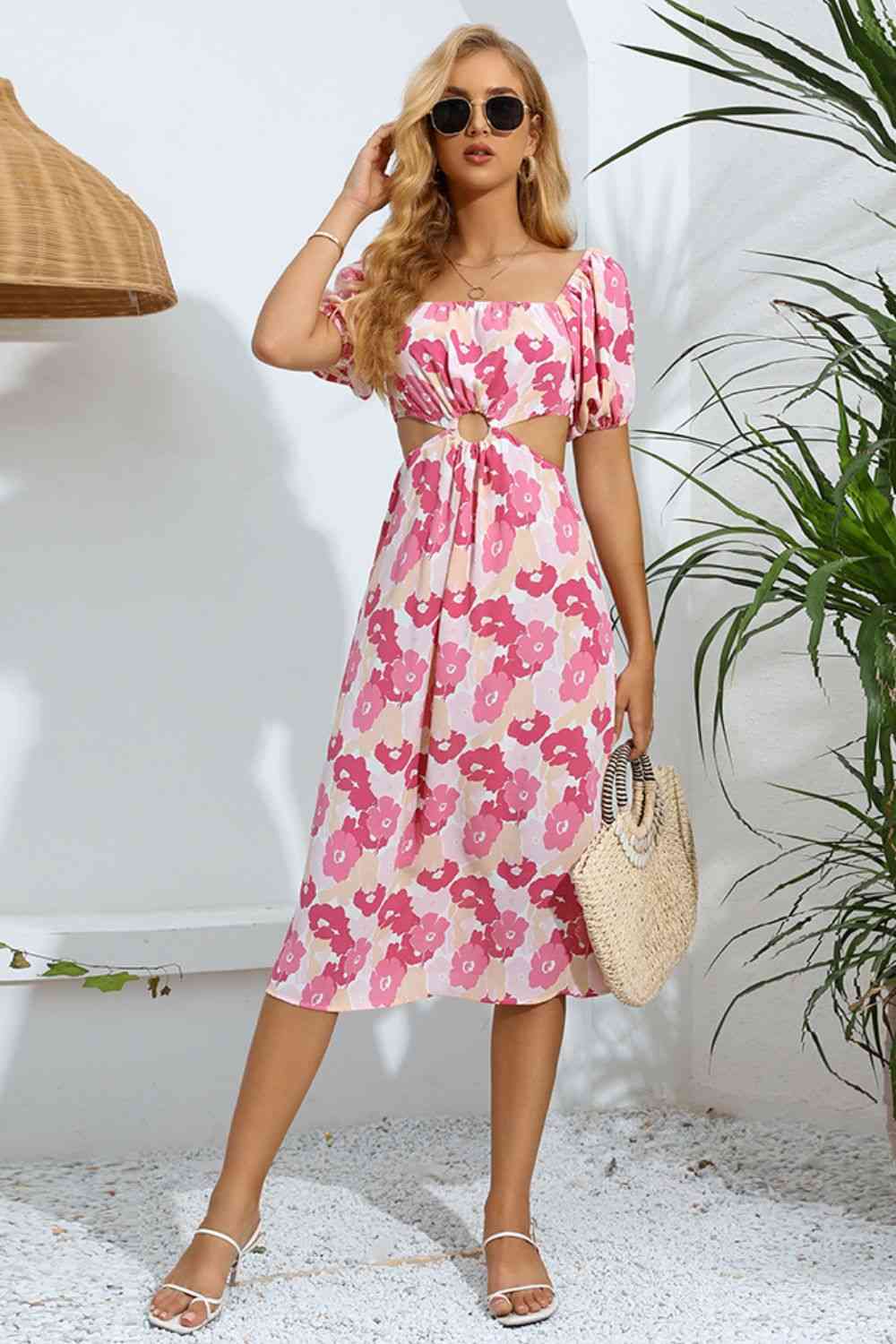 Floral Cutout Square Neck Puff Sleeve Dress - TRENDMELO