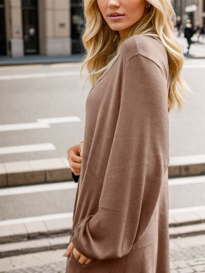 Half Button V-Neck Long Sleeve Dress with Pockets - TRENDMELO