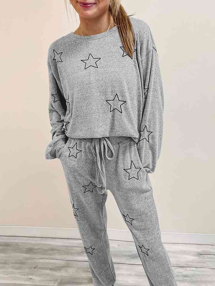 Star Print Long Sleeve Top and Pants Lounge Set - TRENDMELO