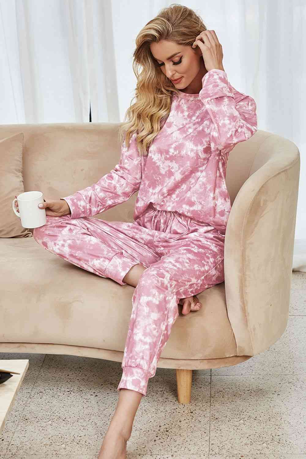 Tie-Dye Long Sleeve Top and Drawstring Joggers Lounge Set - TRENDMELO