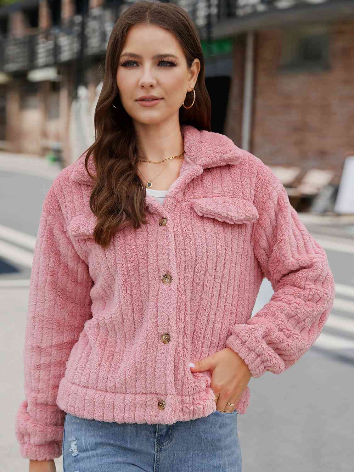 Collared Neck Button Up Jacket - TRENDMELO