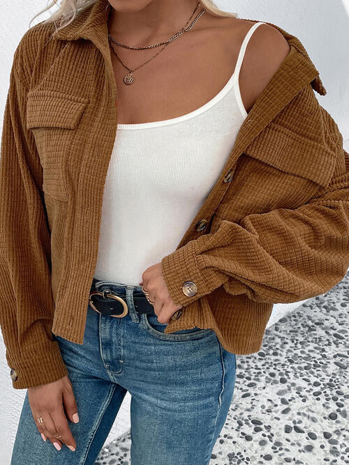 Collared Neck Button Front Jacket with Pockets - TRENDMELO