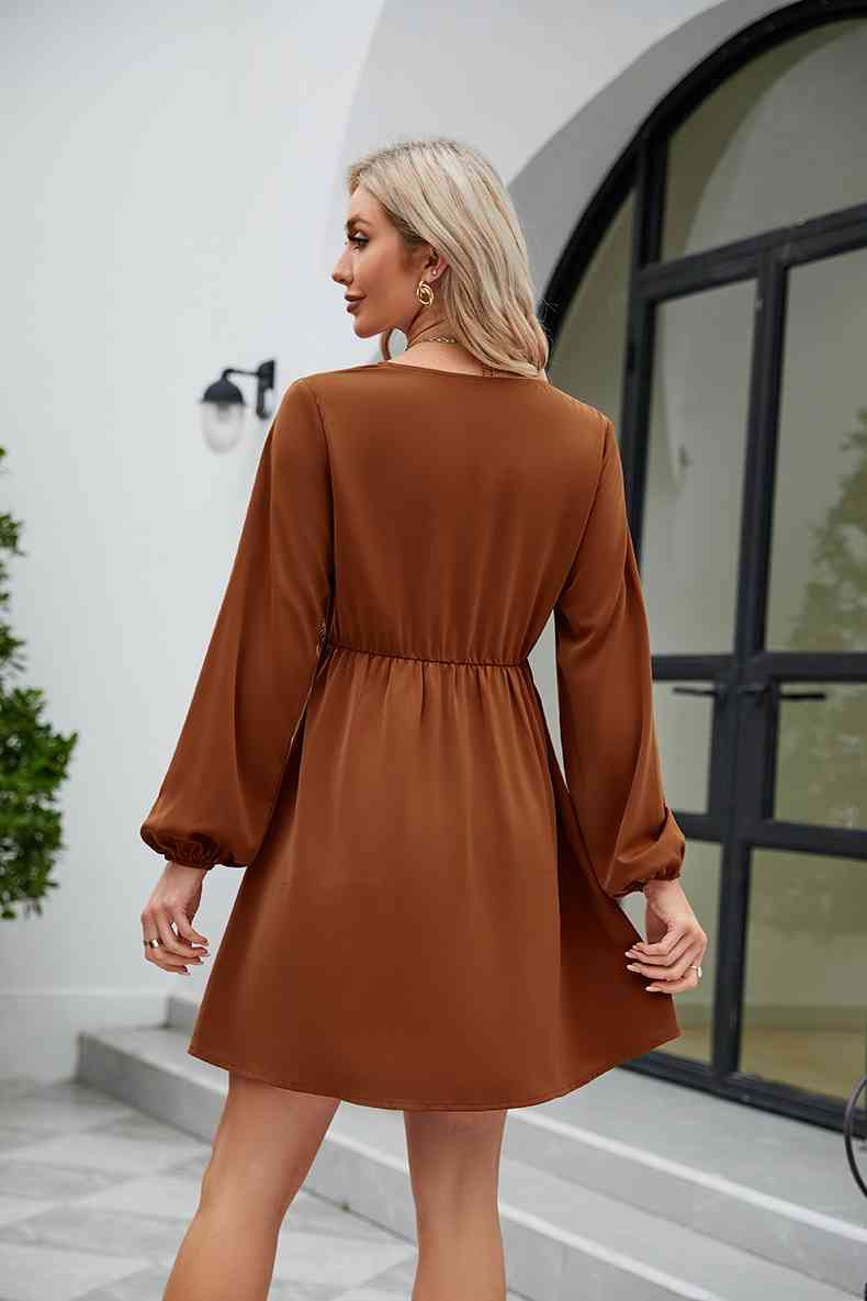 Frill Trim V-Neck Long Sleeve Dress - TRENDMELO