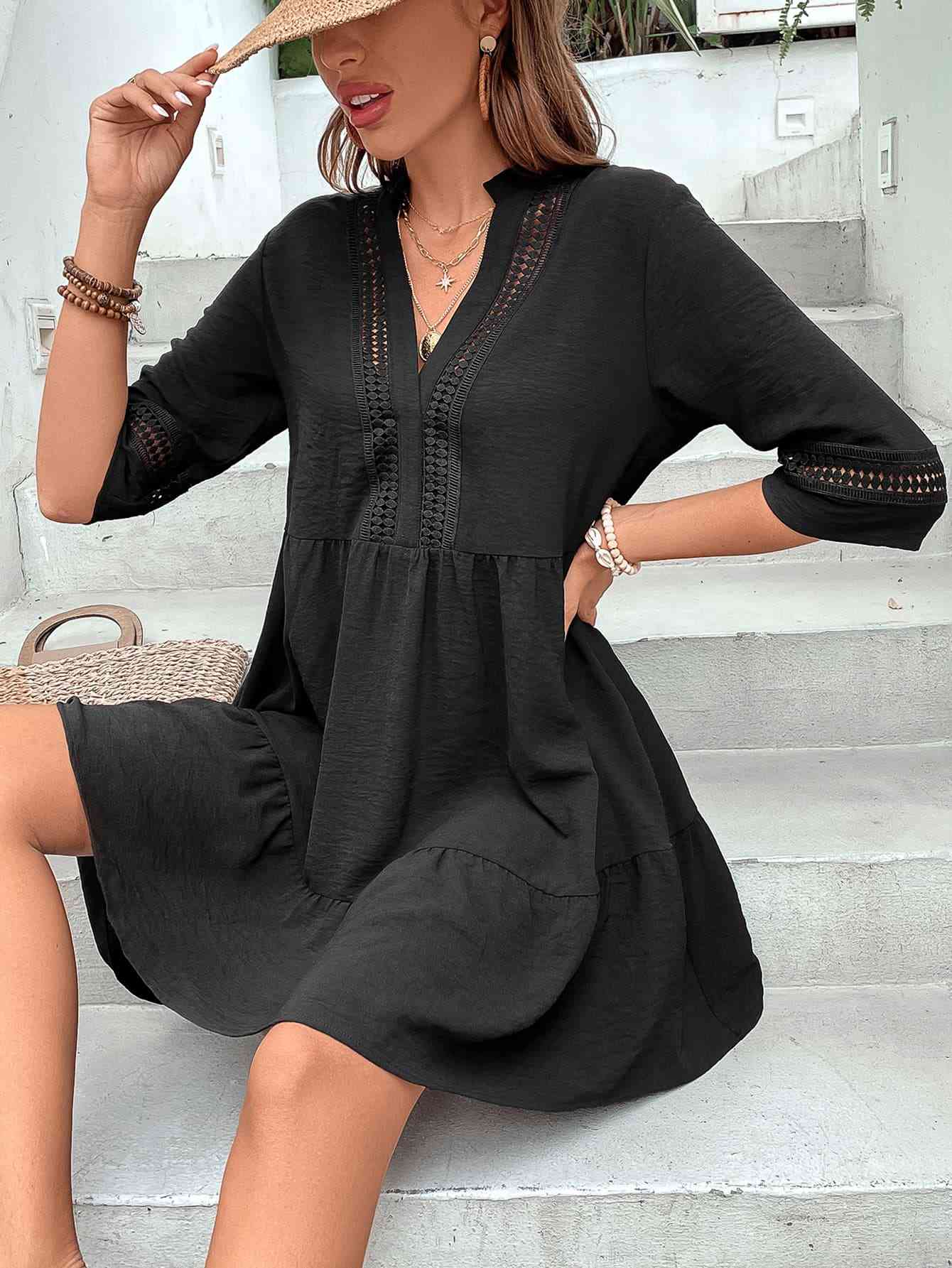 Notched Neck Half Sleeve Dress - TRENDMELO