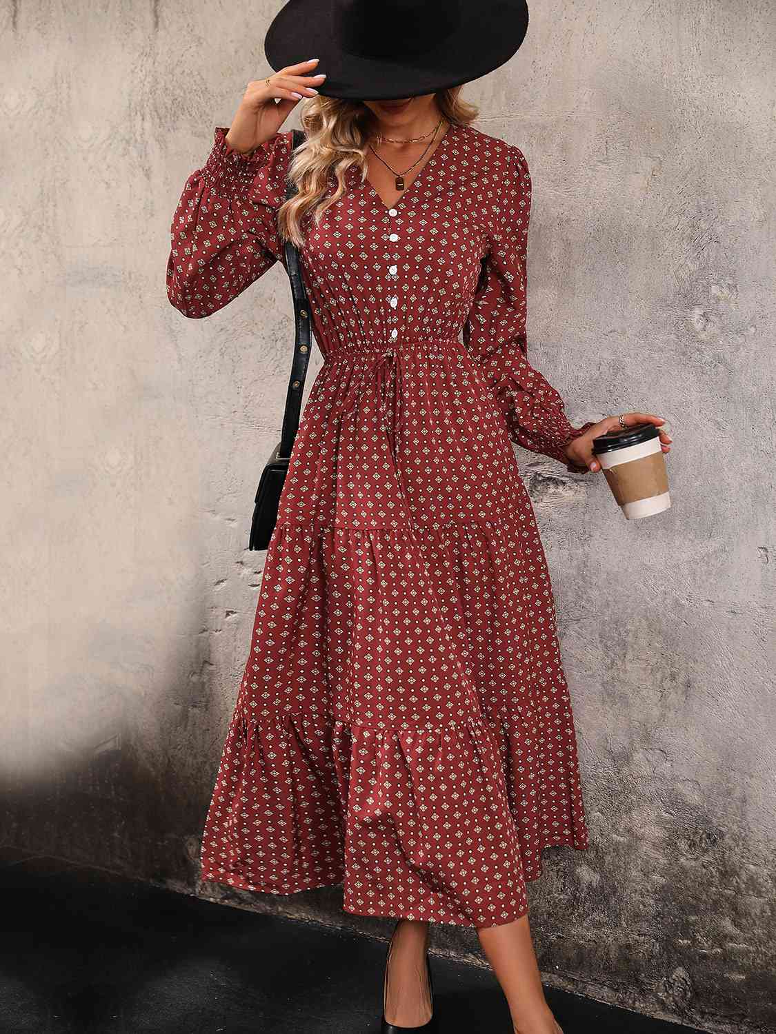 Printed Tiered V-Neck Buttoned Midi Dress - TRENDMELO