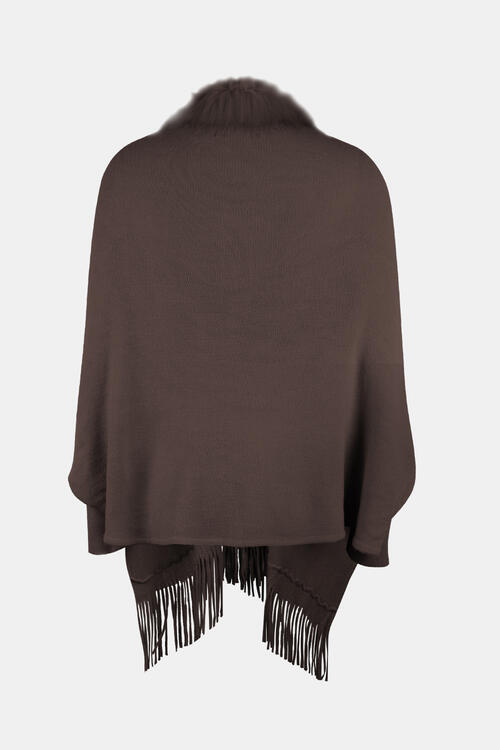 Fringe Open Front Long Sleeve Poncho - TRENDMELO