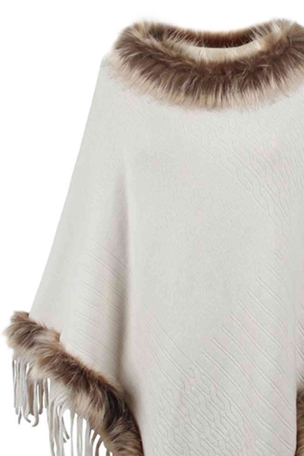Faux Fur Trim Fringed Poncho - TRENDMELO