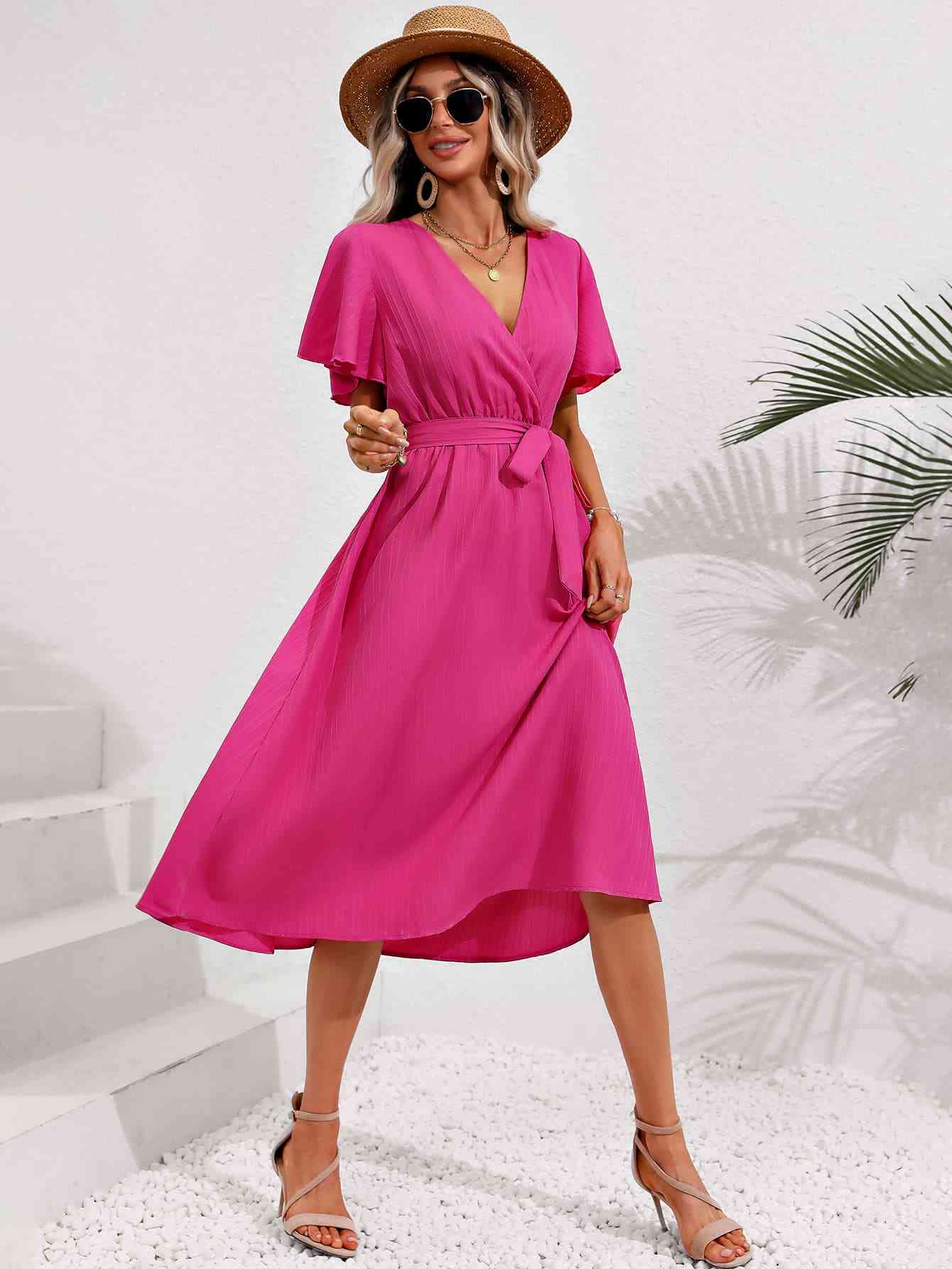 Surplice Neck Tie Belt Midi Dress - TRENDMELO