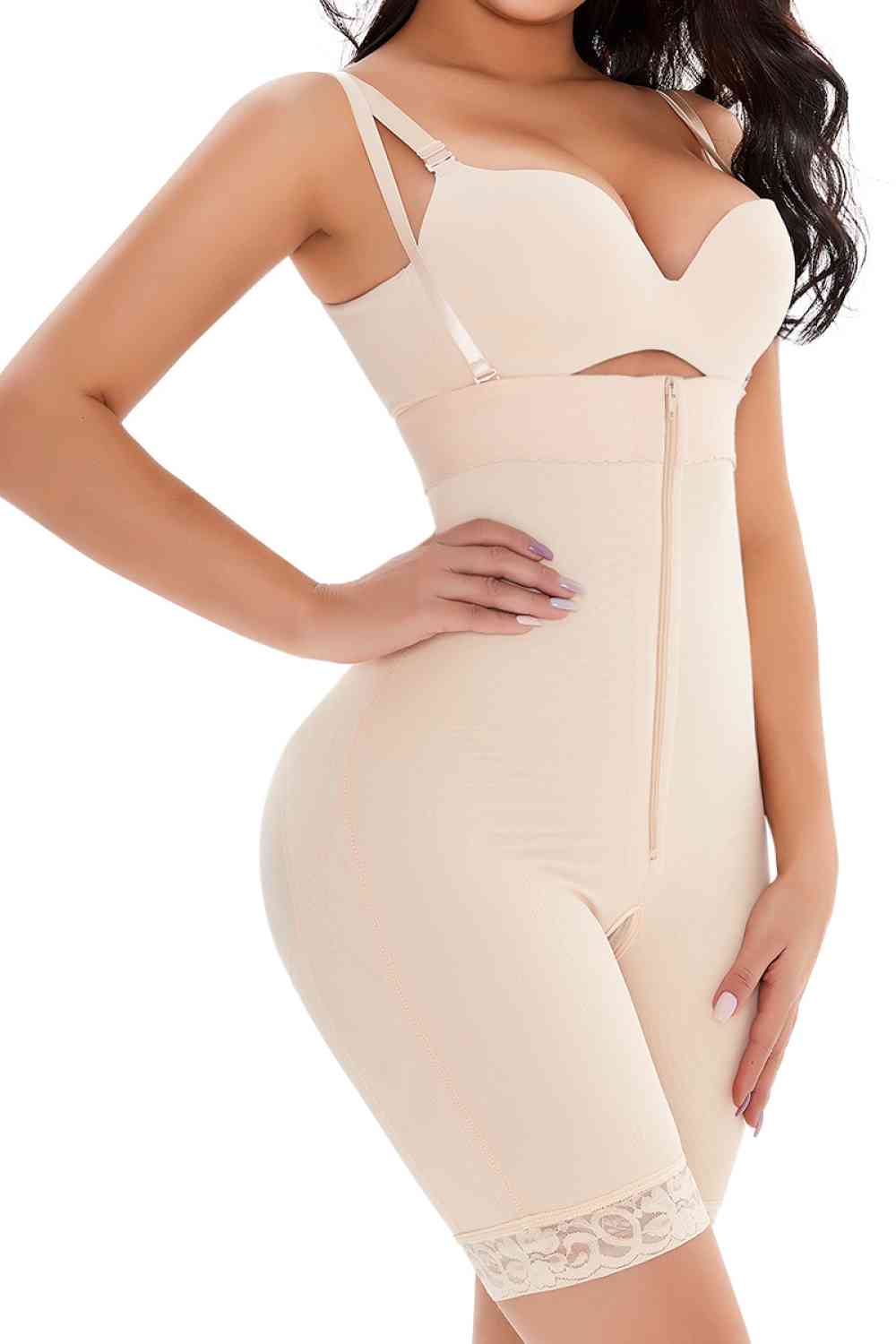 Full Size Lace Detail Zip-Up Under-Bust Shaping Bodysuit - TRENDMELO