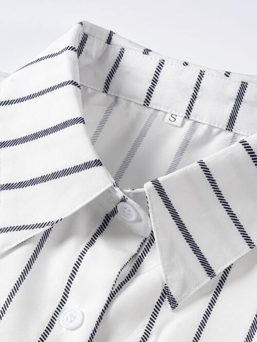 Striped Collared Neck Lantern Sleeve Shirt - TRENDMELO