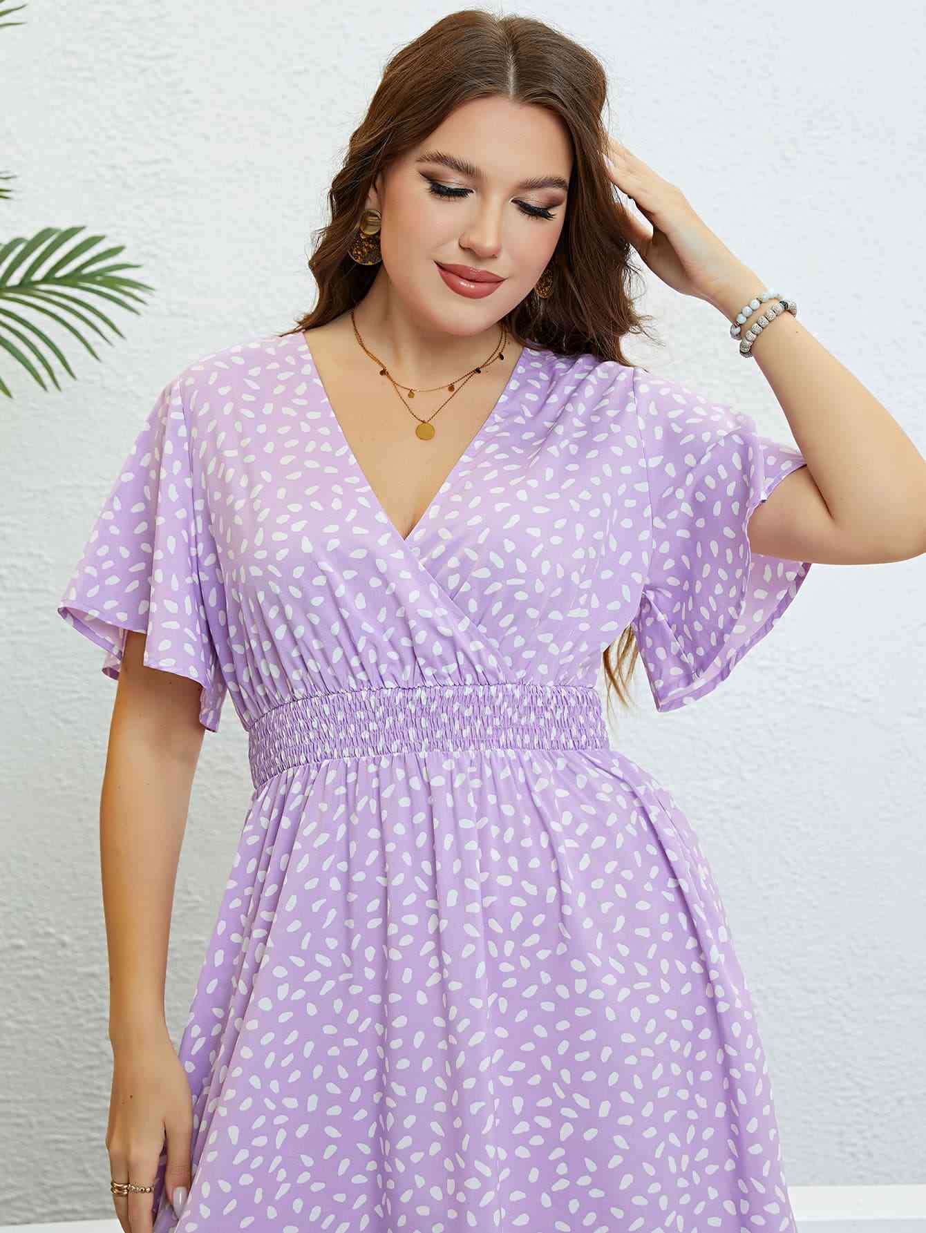 Plus Size Printed Smocked Waist Surplice Dress - TRENDMELO