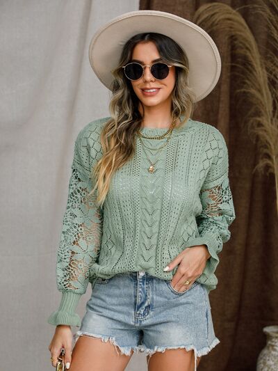 Eyelet Crochet Lantern Sleeve Sweater - TRENDMELO