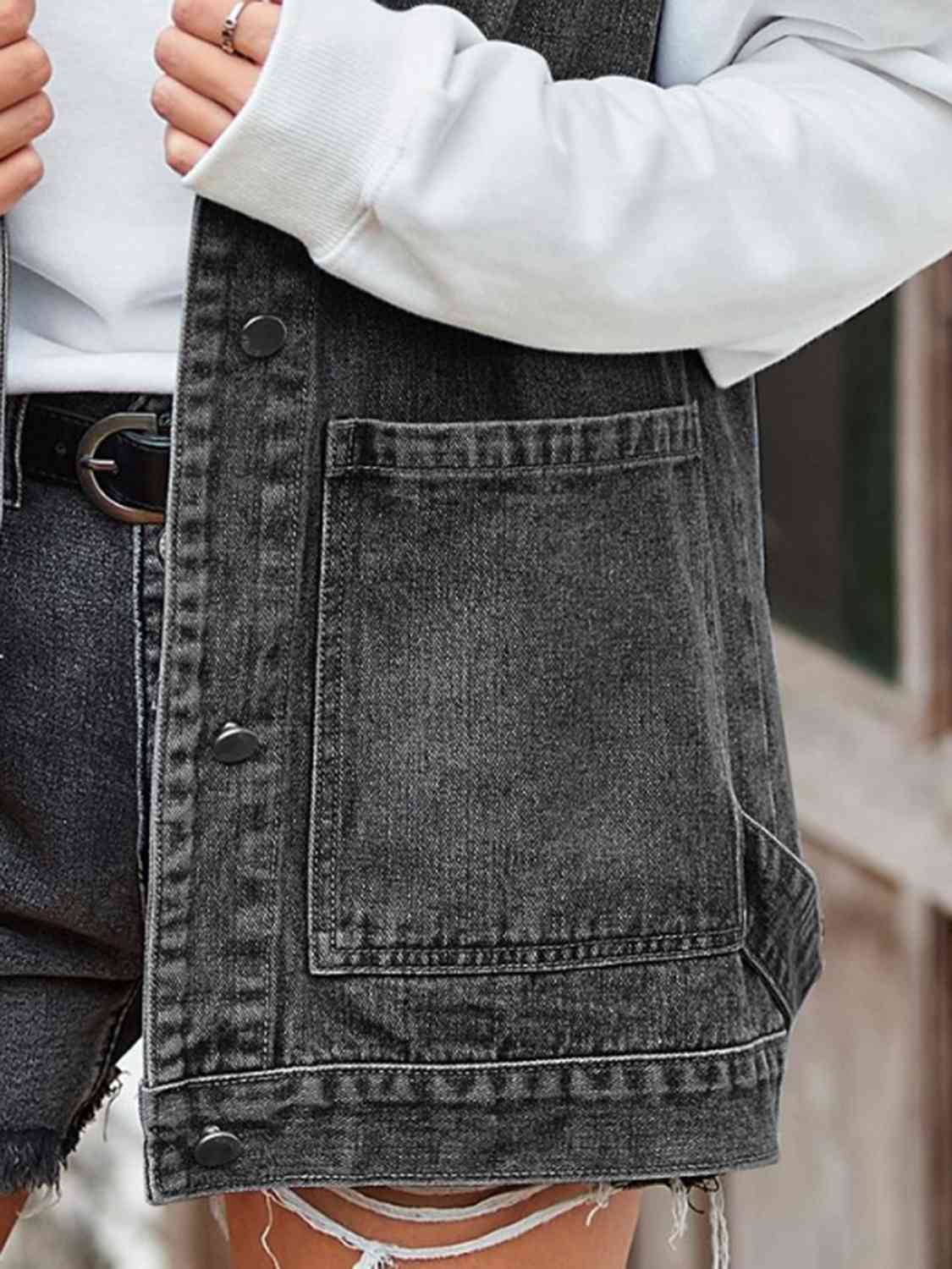 Button Up Sleeveless Denim Jacket with Pockets - TRENDMELO