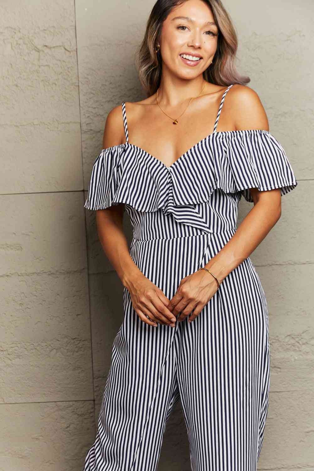 Striped Spaghetti Strap Cold-Shoulder Jumpsuit - TRENDMELO