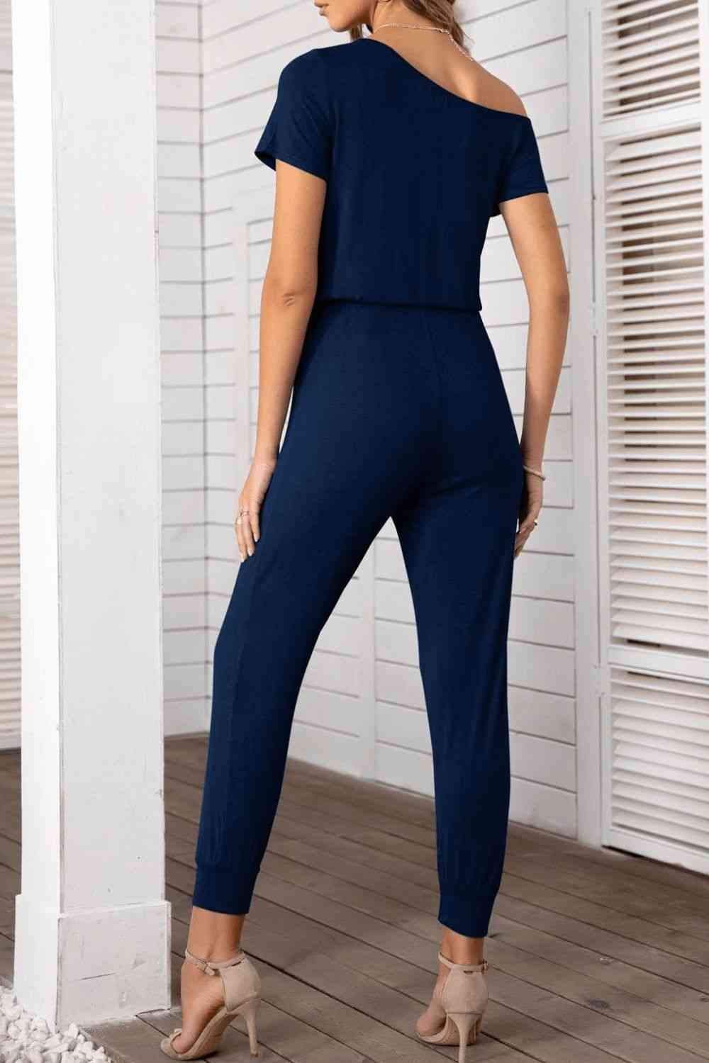 Asymmetrical Neck Short Sleeve Jumpsuit - TRENDMELO