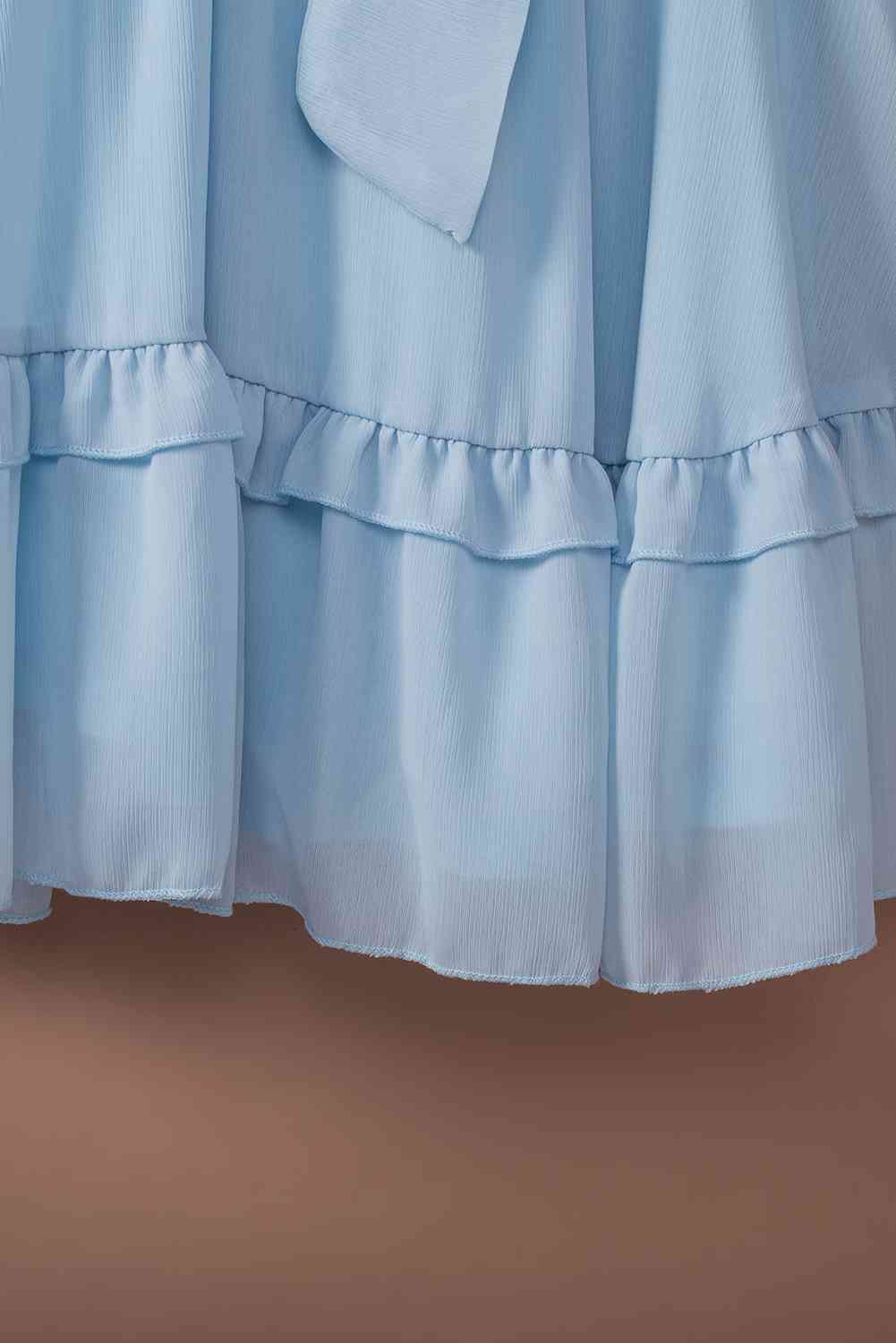Tied Plunge Smocked Waist Flounce Sleeve Dress - TRENDMELO