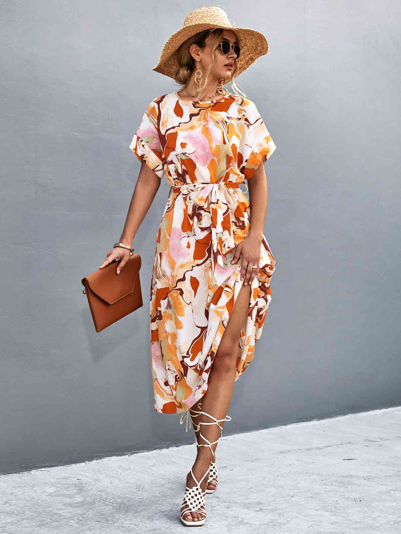 Round Neck Short Sleeve Tie Waist Midi Dress - TRENDMELO