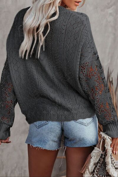 Openwork Lantern Sleeve Dropped Shoulder Sweater - TRENDMELO