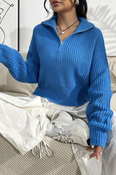 Quarter Zip Dropped Shoulder Sweater - TRENDMELO