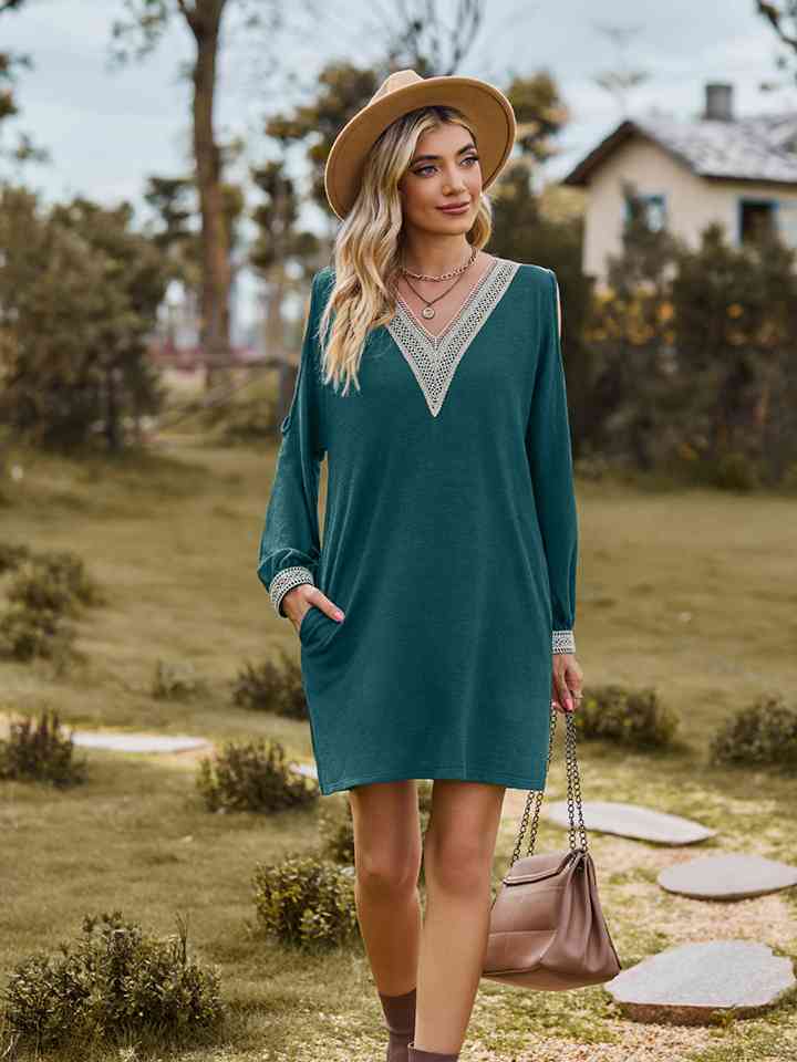 V-Neck Cutout Sleeve Mini Dress - TRENDMELO