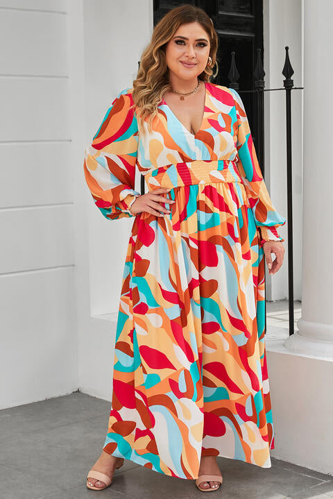 Plus Size Printed Lantern Sleeves V-Neck Dress - TRENDMELO