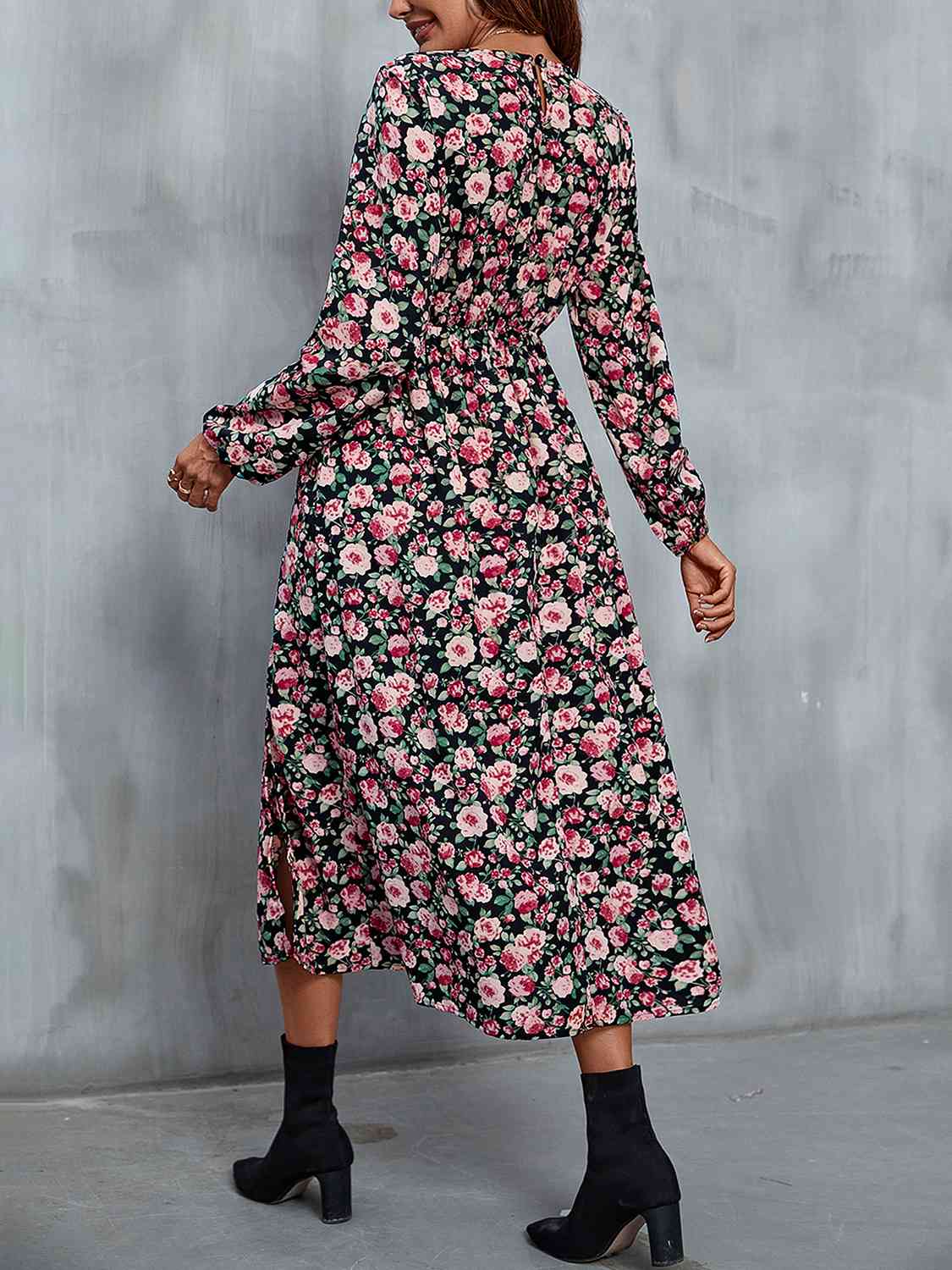 Floral V-Neck Slit Midi Dress - TRENDMELO