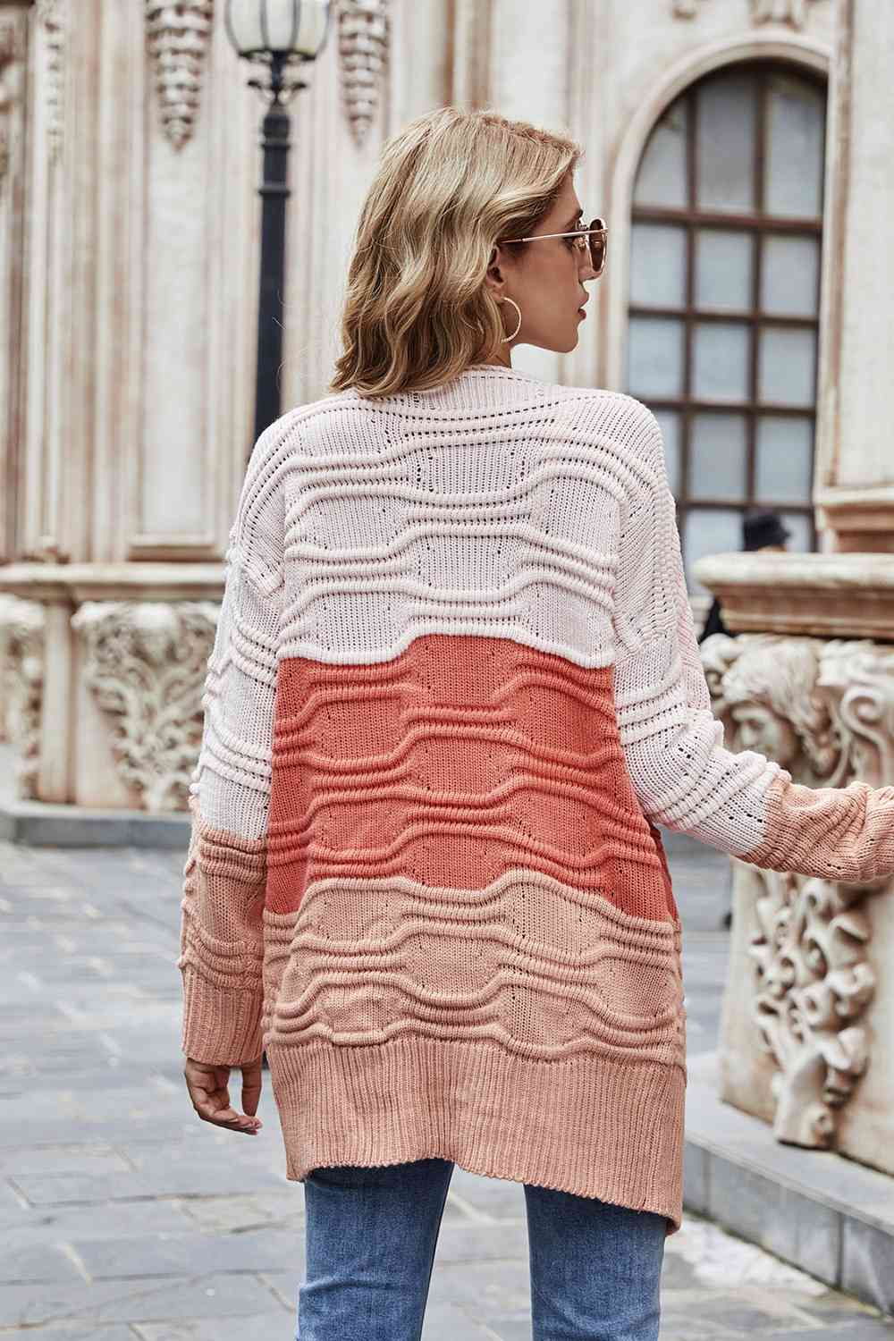 Color Block Openwork Open Front Cardigan - TRENDMELO