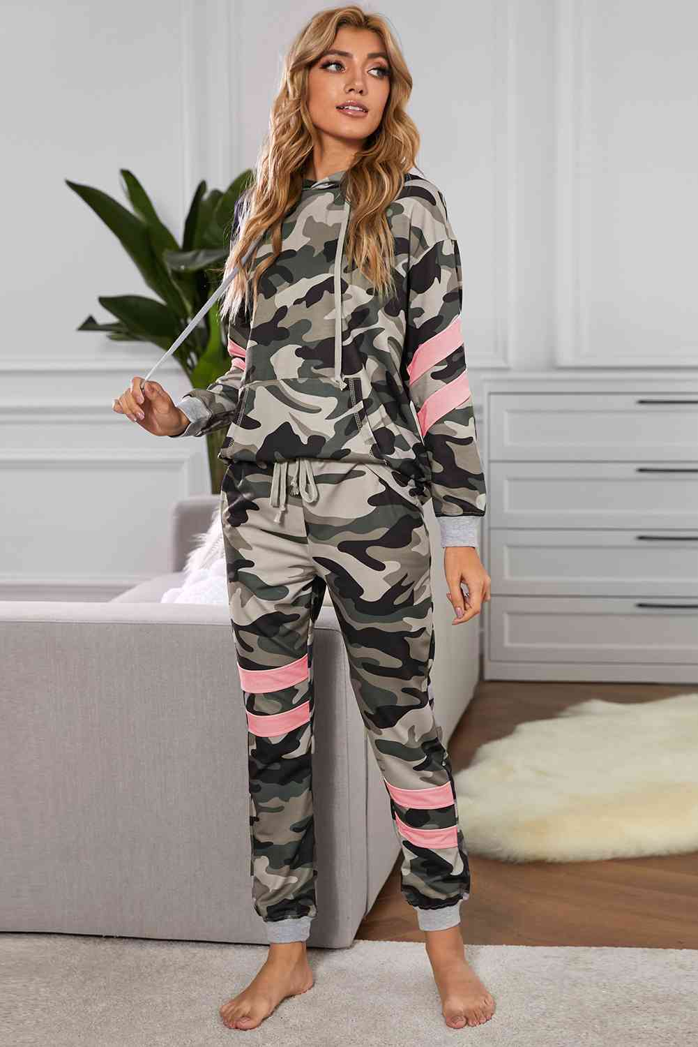 Camouflage Contrast Detail Hoodie and Joggers Lounge Set - TRENDMELO