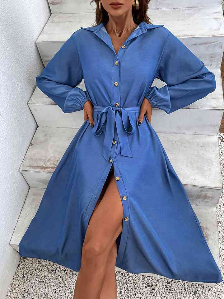 Button-Down Tie Waist Collared Neck Dress - TRENDMELO
