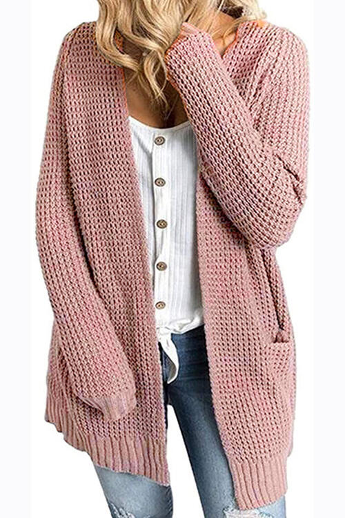 Rib-Knit Open Front Pocketed Cardigan - TRENDMELO