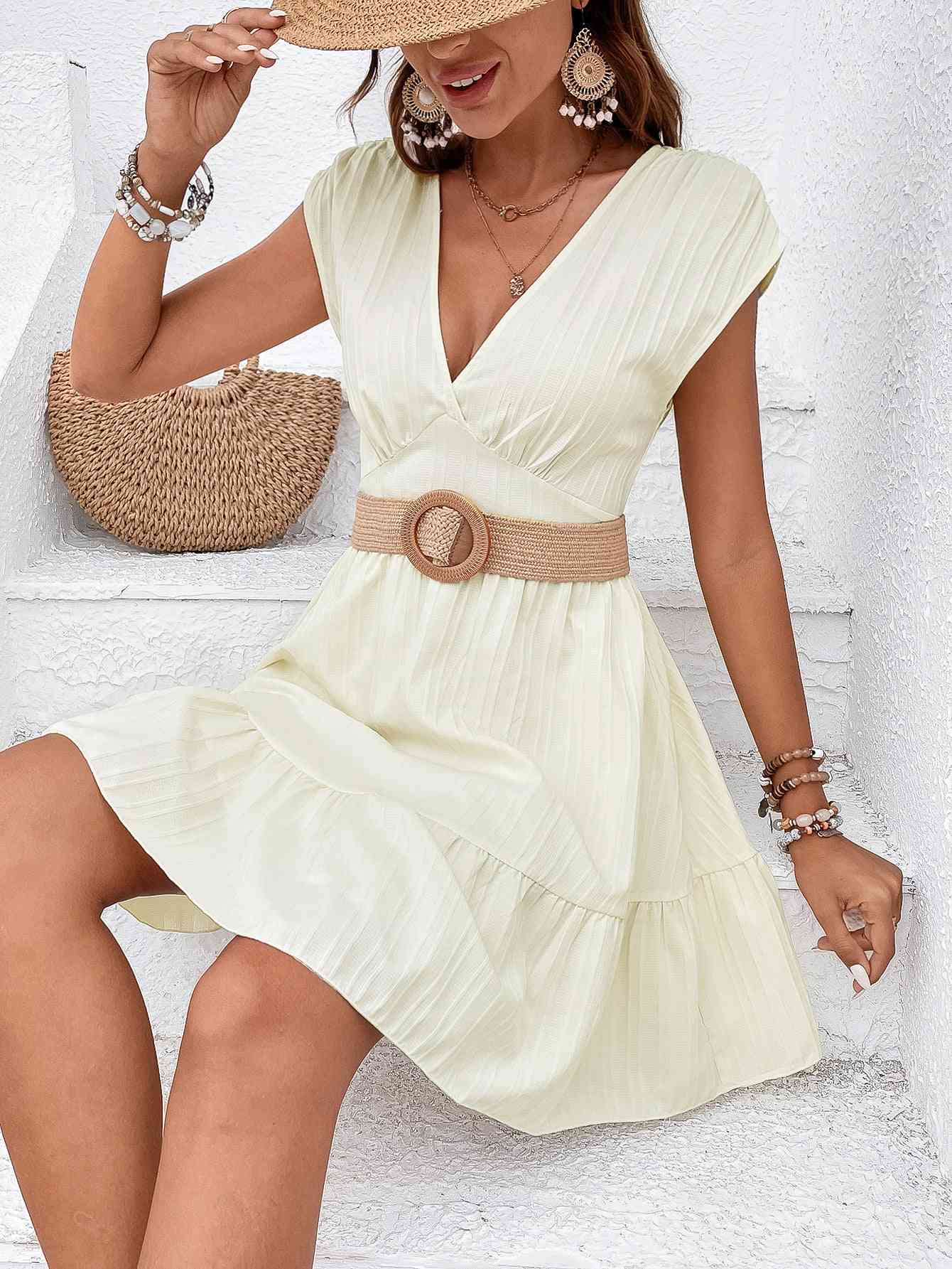 Tie Back V-Neck Ruffle Hem Dress - TRENDMELO