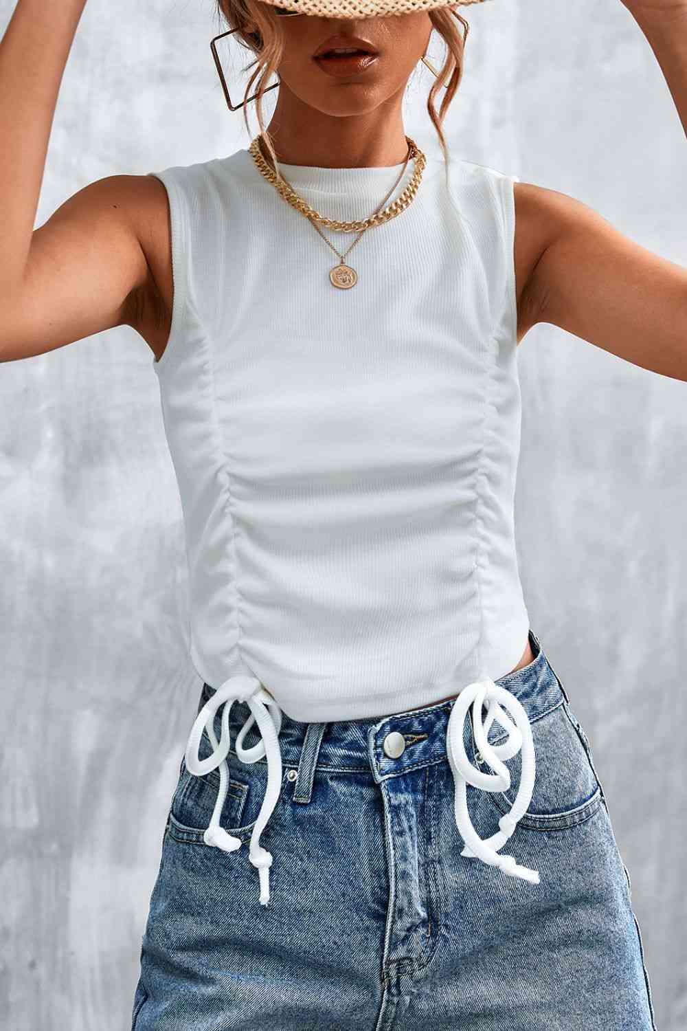 Drawstring Detail Round Neck Tank - TRENDMELO