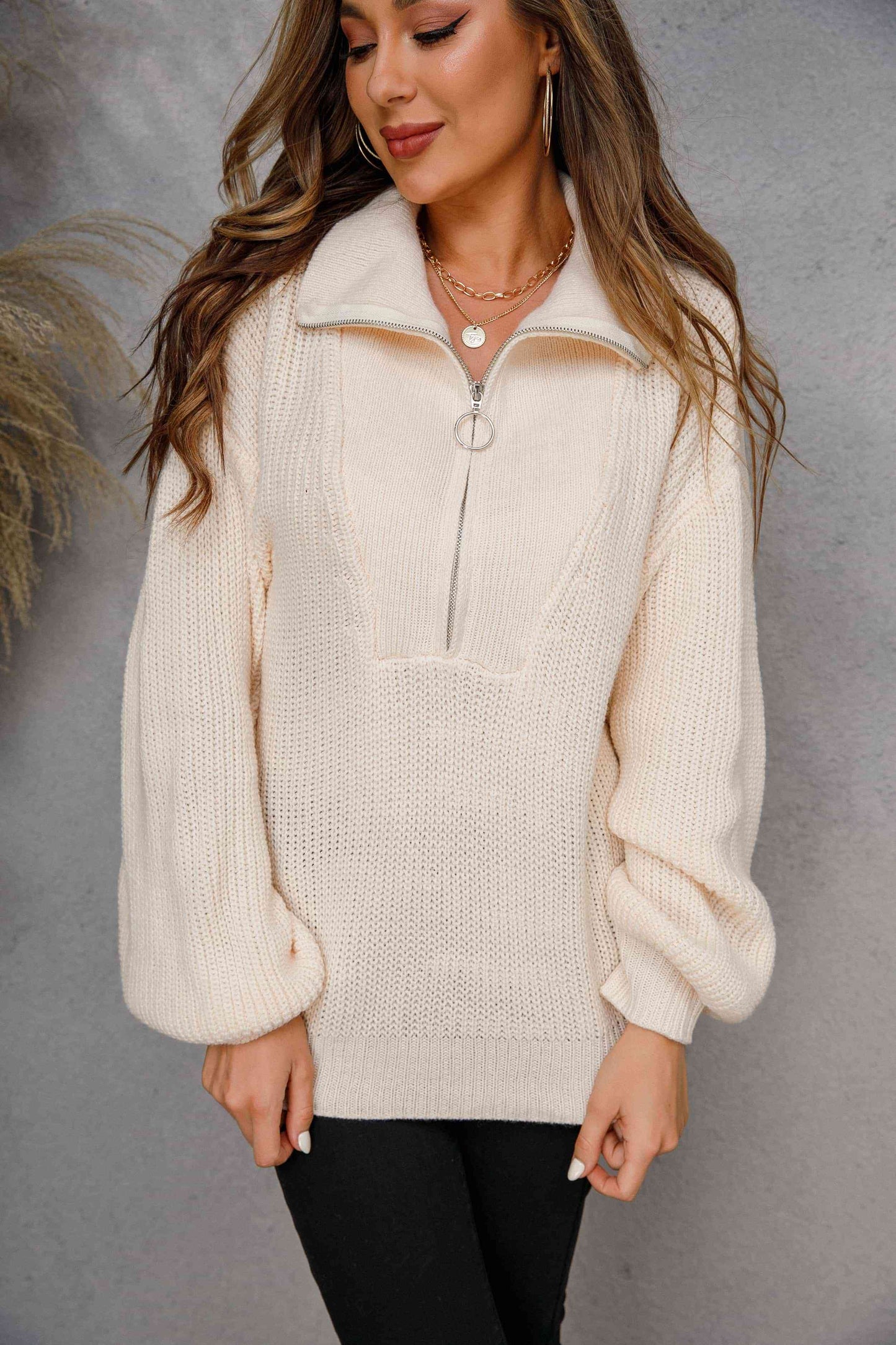 Collared Neck Zip-Up Knit Top - TRENDMELO