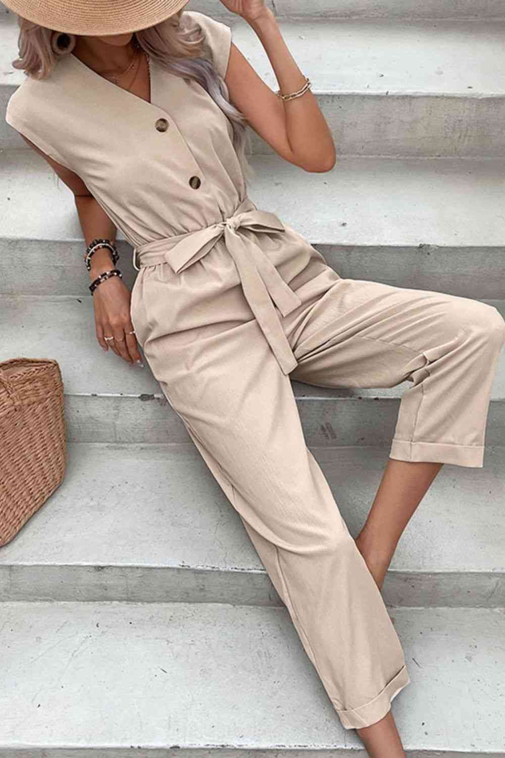 Capped Sleeve Belted V-Neck Jumpsuit - TRENDMELO