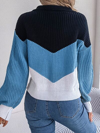 Color Block Dropped Shoulder Sweater - TRENDMELO