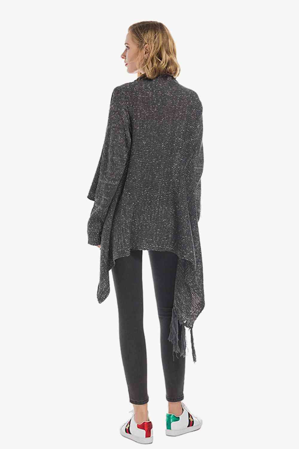 One-Button Tassel Tie Asymmetrical Hem Cardigan - TRENDMELO