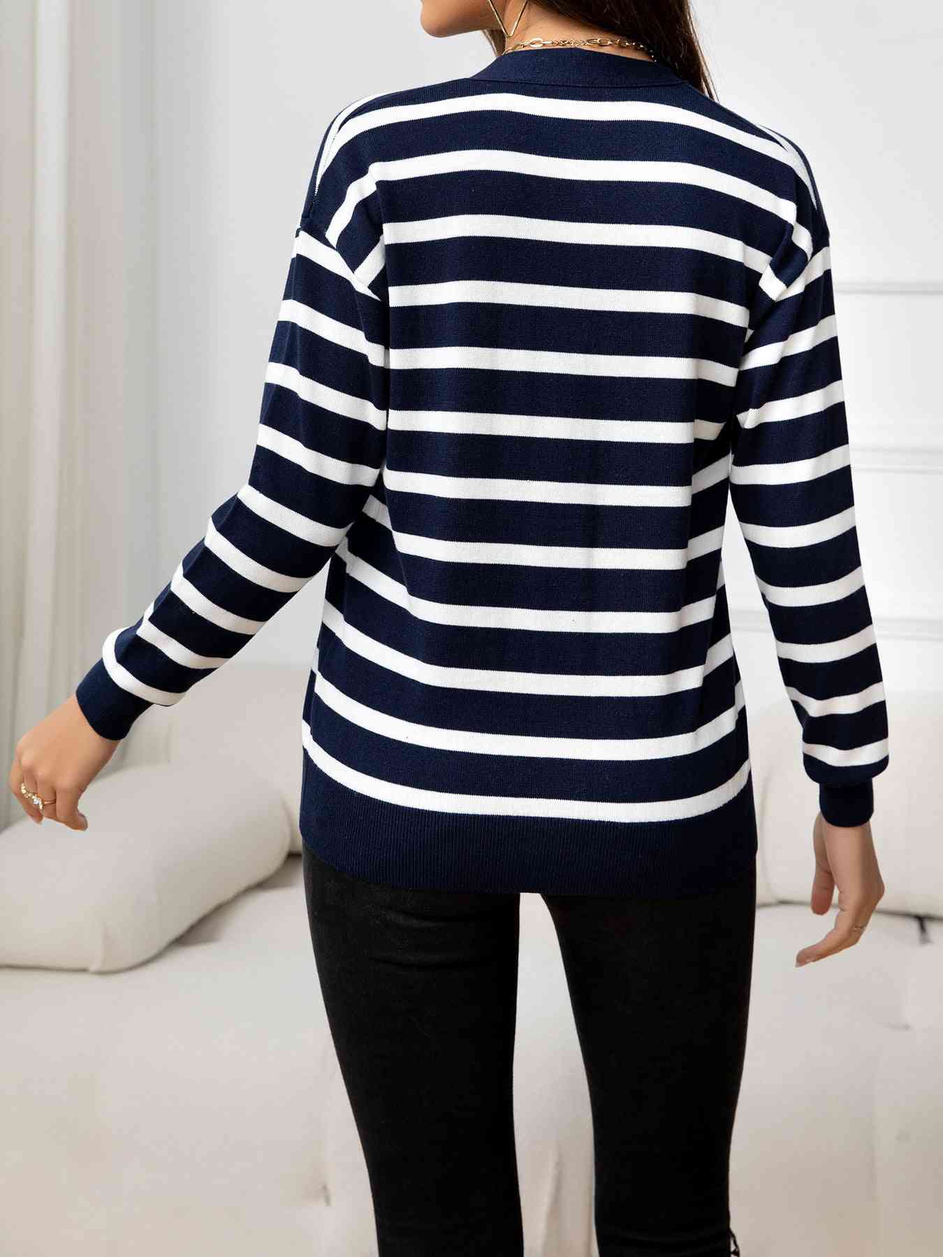 Striped Dropped Shoulder V-Neck Knit Top - TRENDMELO