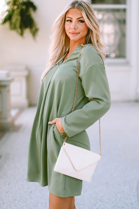 Notched Long Sleeve Dress with Pockets - TRENDMELO