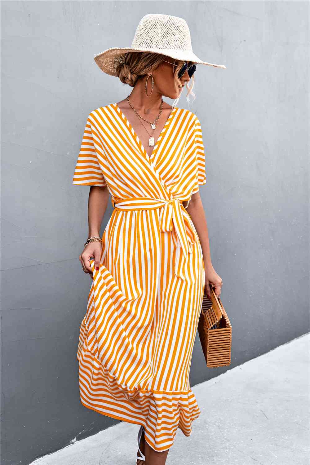 Striped Tie Belt Midi Dress - TRENDMELO