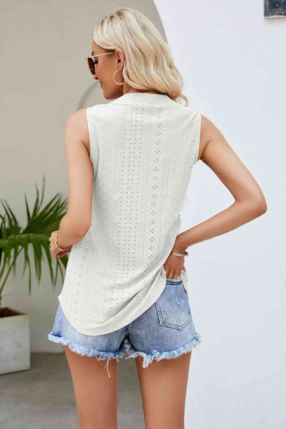 Notched Neck Curved Hem Eyelet Tank - TRENDMELO