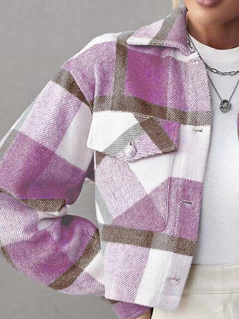 Plaid Collared Neck Button Down Jacket - TRENDMELO