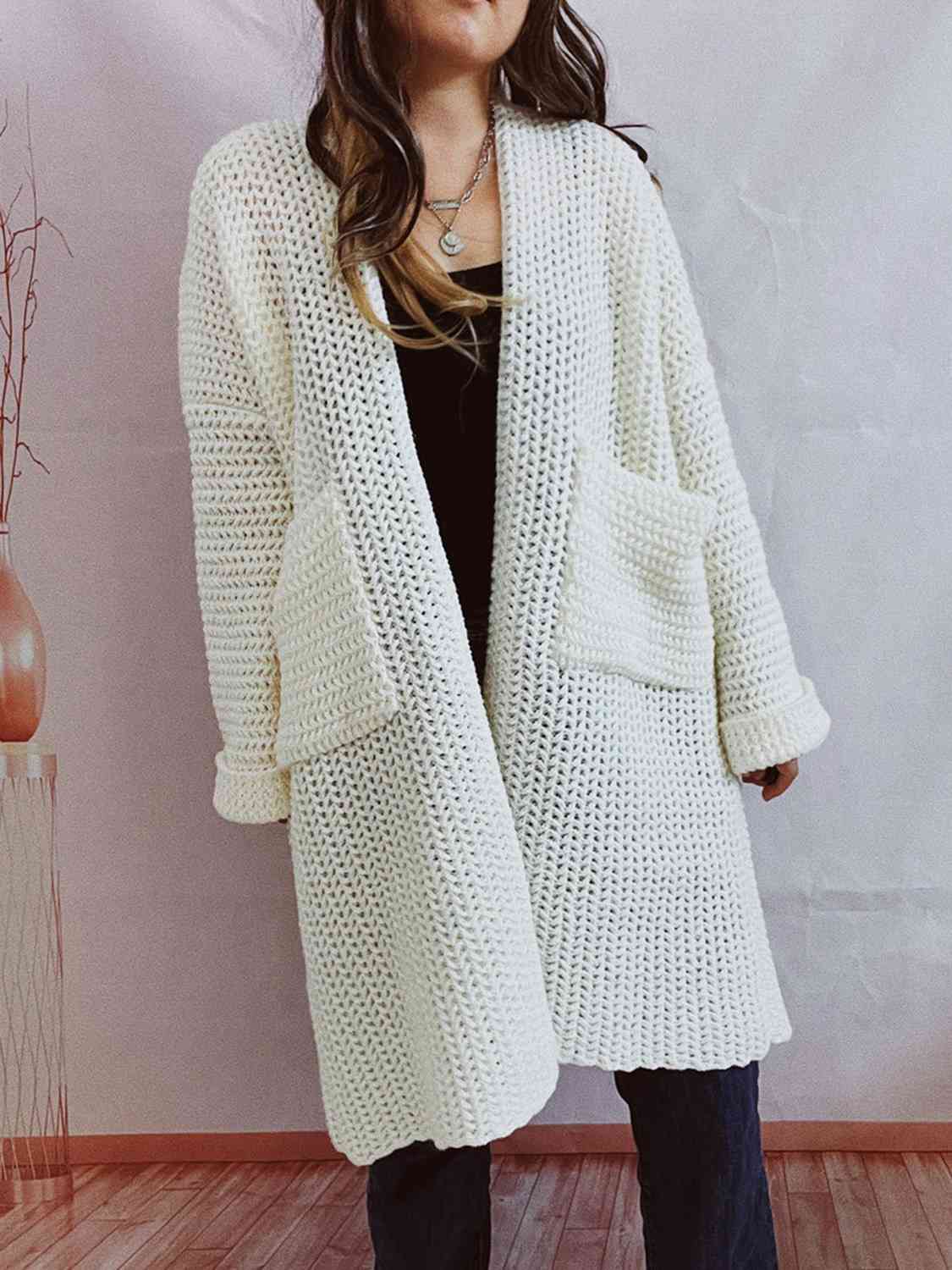 Open Front Long Sleeve Cardigan with Pockets - TRENDMELO