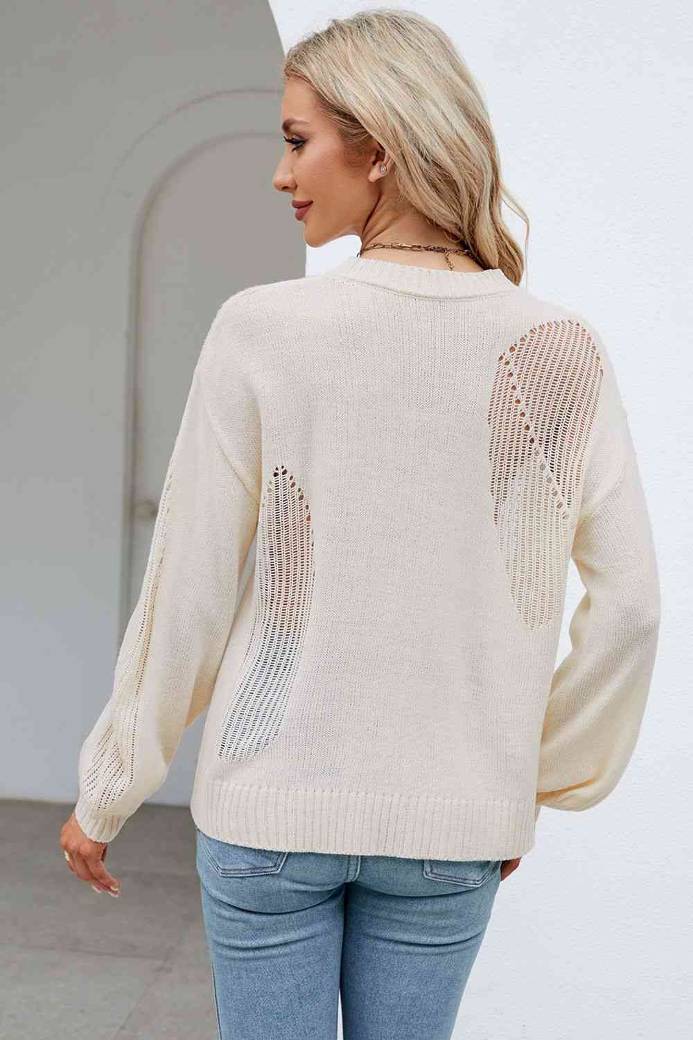 Openwork Round Neck Dropped Shoulder Knit Top - TRENDMELO