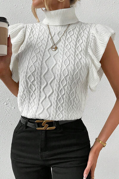 Cable-Knit Turtleneck Cap Sleeve Sweater - TRENDMELO