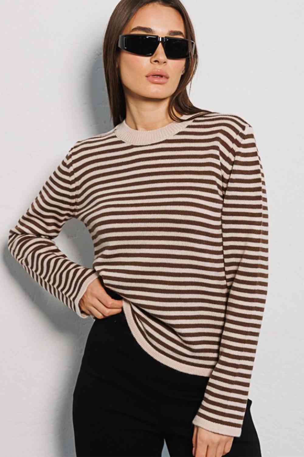 Striped Round Neck Long Sleeve Sweater - TRENDMELO