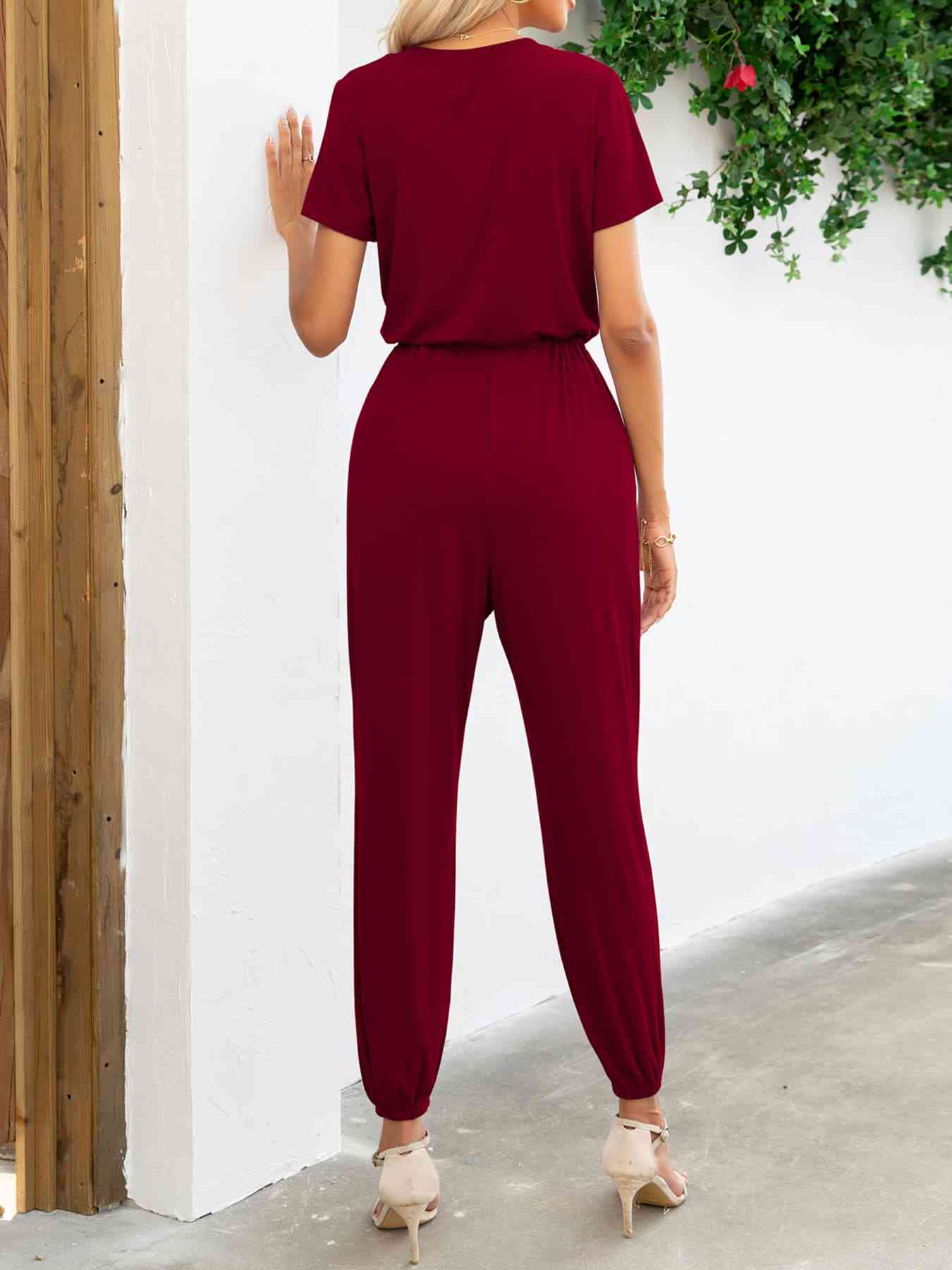 Short Sleeve V-Neck Jumpsuit with Pockets - TRENDMELO