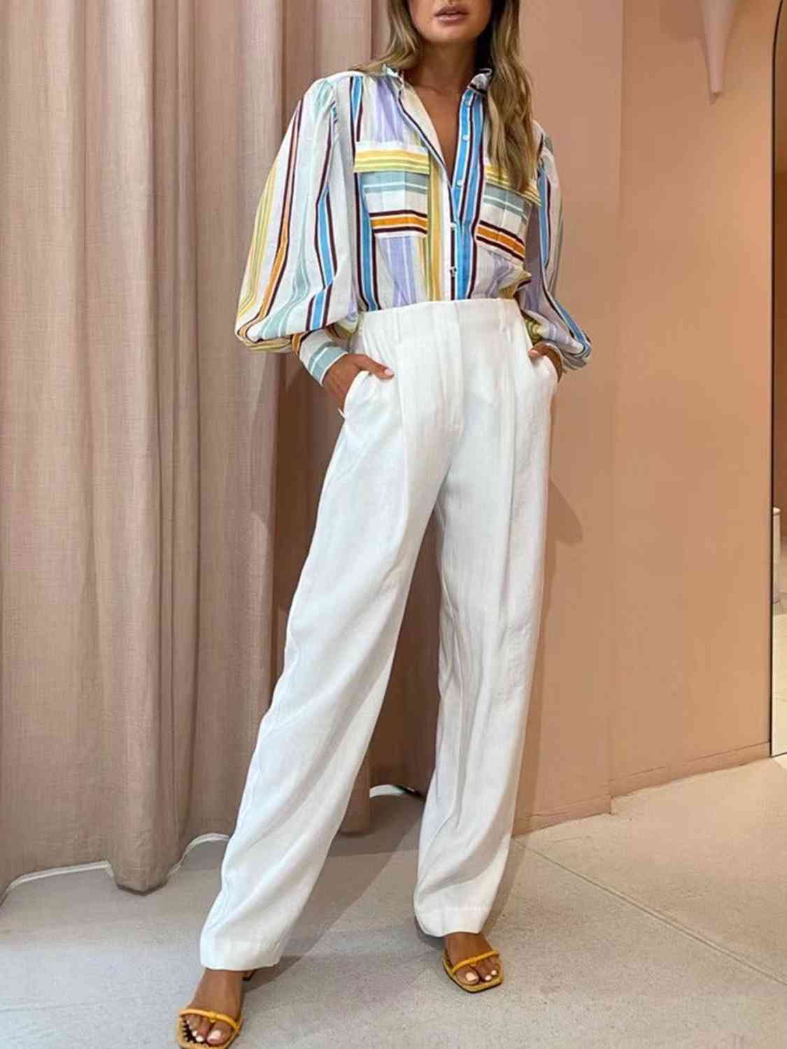 Striped Button Down Lantern Sleeve Shirt - TRENDMELO