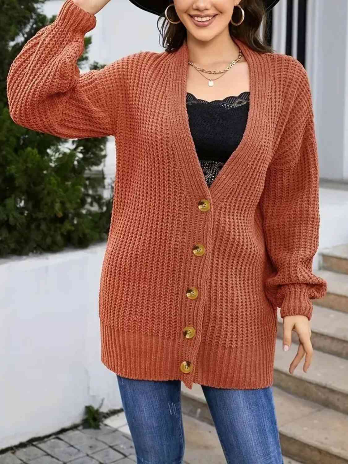 Plus Size Long Sleeve Button Front Cardigan - TRENDMELO