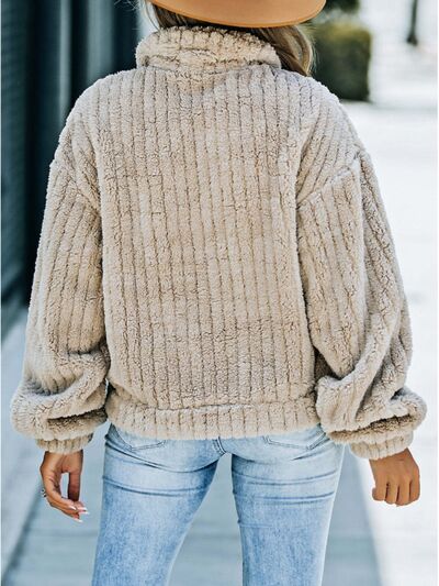 Fuzzy Button Up Collared Neck Jacket - TRENDMELO